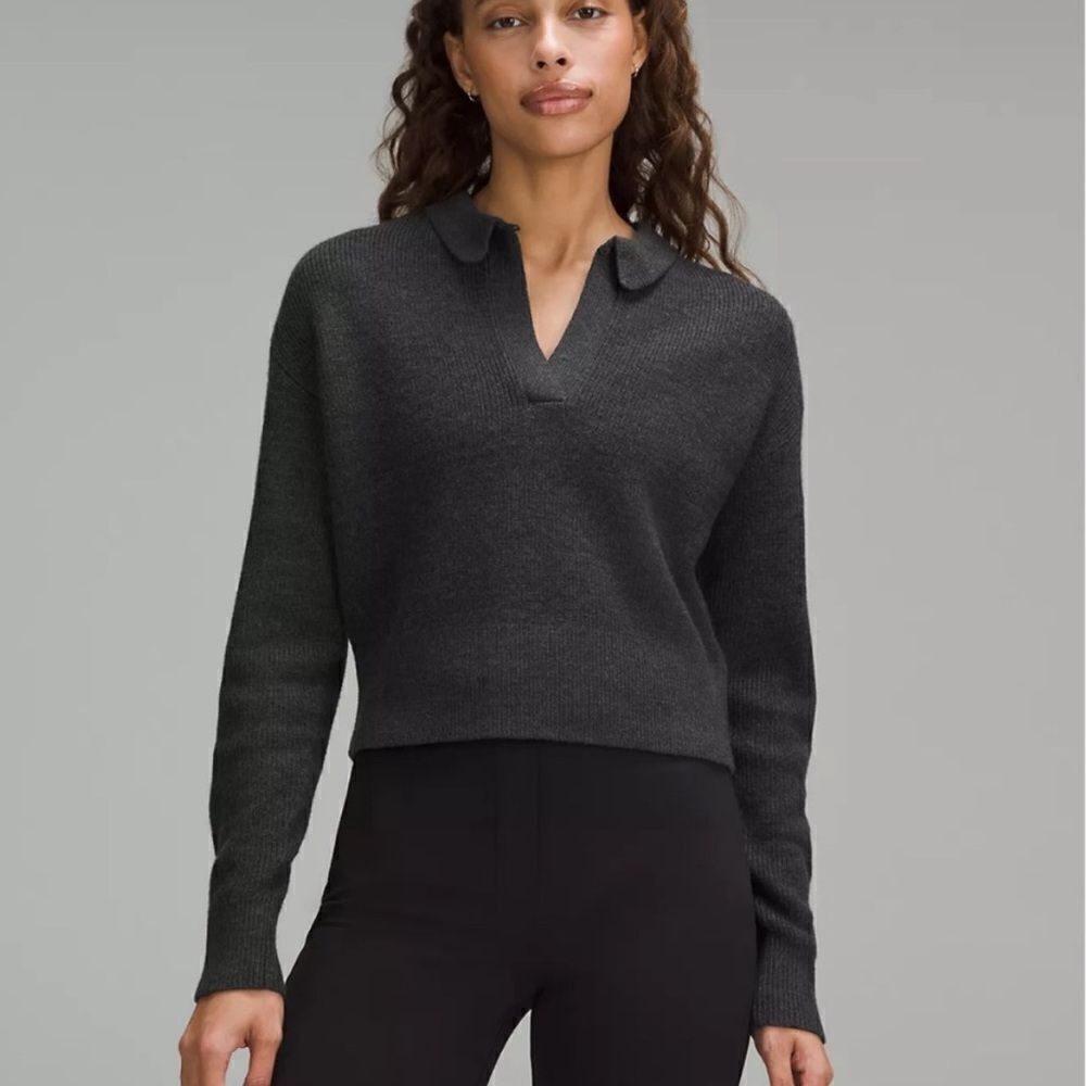 NWT M Collared Merino Wool-Blend Sweater - heather black - women’s medium